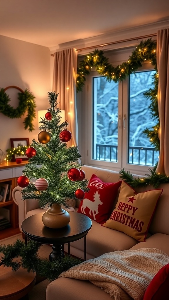 A small apartment decorated for Christmas with a tabletop tree, festive pillows, and string lights.